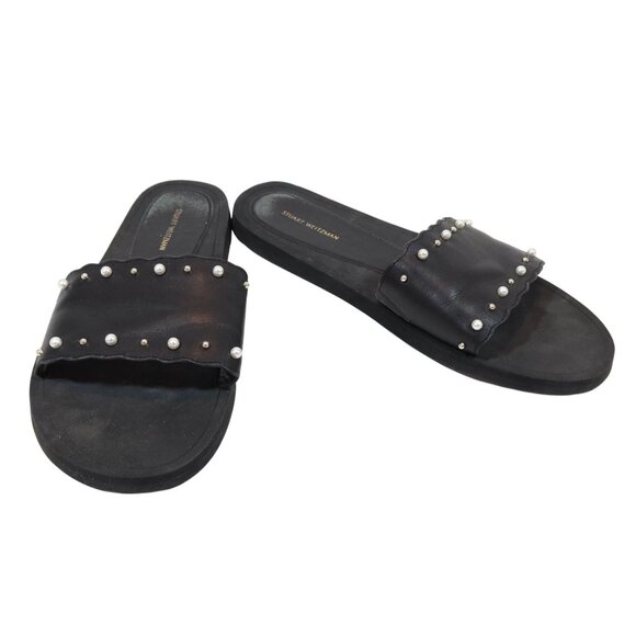 Stuart Weitzman Shoes - STUART WEITZMAN Pearlstud Slide Sandals Size 11B Black Leather Embellished